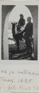 Native American Jerry on a horse and Akseli Gallen-Kallela at the Gallen-KallelasÂ´ gate in Taos, New Mexico, 1925.