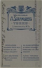 Backside of a visit card made by A. Strandberg photography studio in Turku.
