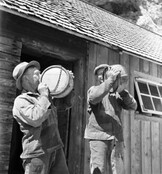 Farm workers at a drinking pause, Lilla KarlsÃ¶ island, Gotland, Sweden