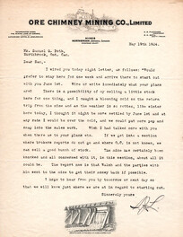 Ore Chimney Mine Letter to Sam Both - 1924