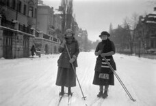 Skiing tour in Villagatan street in Stockholm, Uppland, Sweden