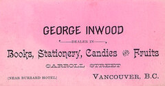 [Business card for George Inwood, dealer in books, stationary, candies and fruits]