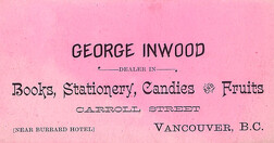 [Business card for George Inwood, dealer in books, stationary, candies and fruits]