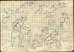 Sketch of soldiers in gas masks attending to wounded men