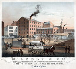 McNeely & Co. manufacturers of morocco, buckskin & chamois, white leather, bark tanned, sheep, calf & deer skins, parchment, vellum &c. 64 N[or]th 4th. St. below Arch St. near the Merchants Hotel, Philadelphia. Manufactory 4th & Franklin Aven[ue], [ca. 18