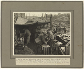Cooks of the 2nd Australian Battalion preparing bully-beef rissoles for the evening meal, Ypres