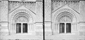 Close-up of doorway of large, cruciform, modern romanesque church (is Sligo Cathedral)