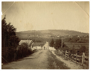 Railway station and level crossing at St Leonards, Tasmania (c1860)